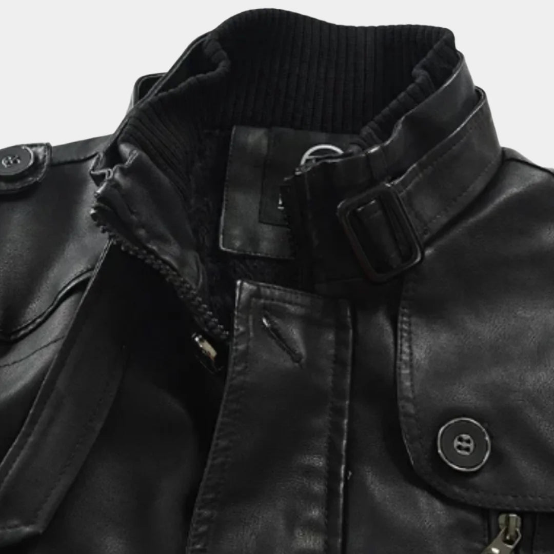 Men's Long Biker Jacket with Stand Collar & Belted Cuffs - Close Up Collar
