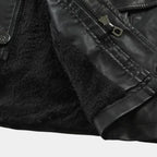 Men's Long Biker Jacket with Stand Collar & Belted Cuffs - Close Up Lining Cuff