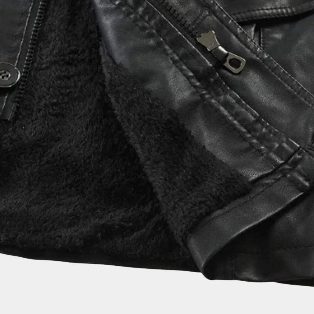 Men's Long Biker Jacket with Stand Collar & Belted Cuffs - Close Up Lining Cuff