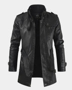 Black Men's Long Biker Jacket with Stand Collar & Belted Cuffs