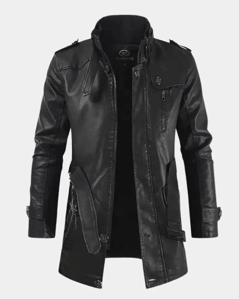 Black Men's Long Biker Jacket with Stand Collar & Belted Cuffs