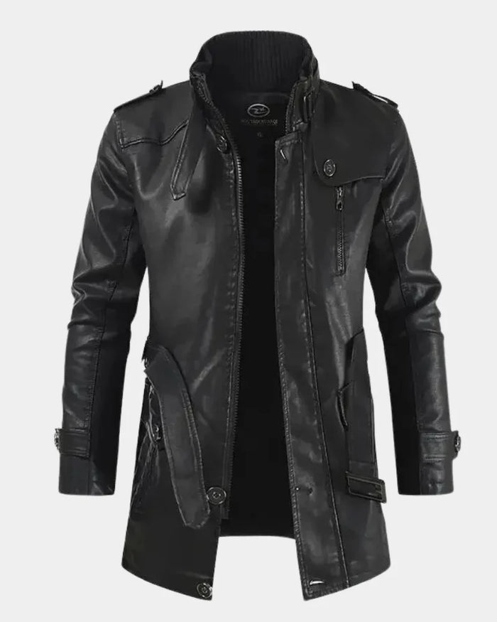 Black Men's Long Biker Jacket with Stand Collar & Belted Cuffs