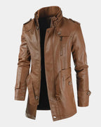 Brown Men's Long Biker Jacket with Stand Collar & Belted Cuffs
