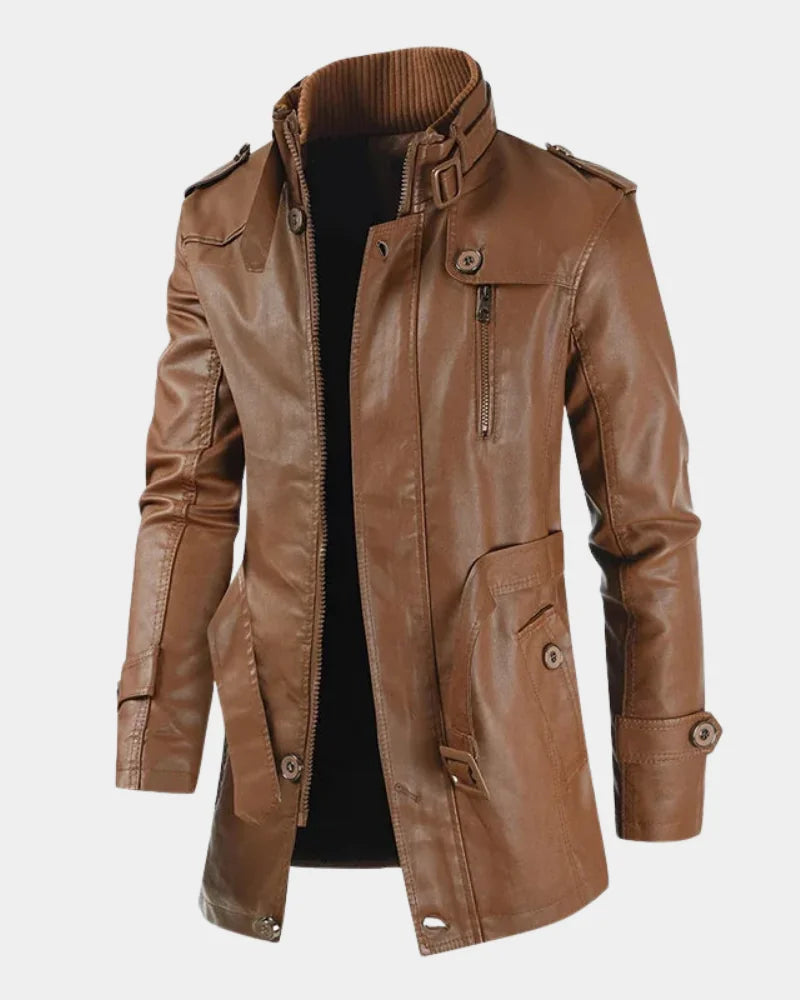 Brown Men's Long Biker Jacket with Stand Collar & Belted Cuffs