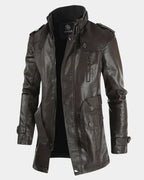 Men's Long Biker Jacket with Stand Collar & Belted Cuffs - Front Side Pose