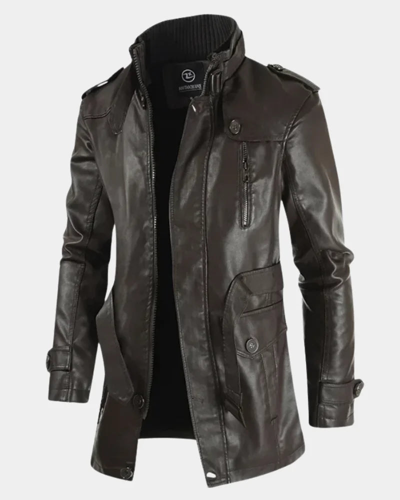 Men's Long Biker Jacket with Stand Collar & Belted Cuffs - Front Side Pose
