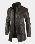 Dark Brown Men's Long Biker Jacket with Stand Collar & Belted Cuffs