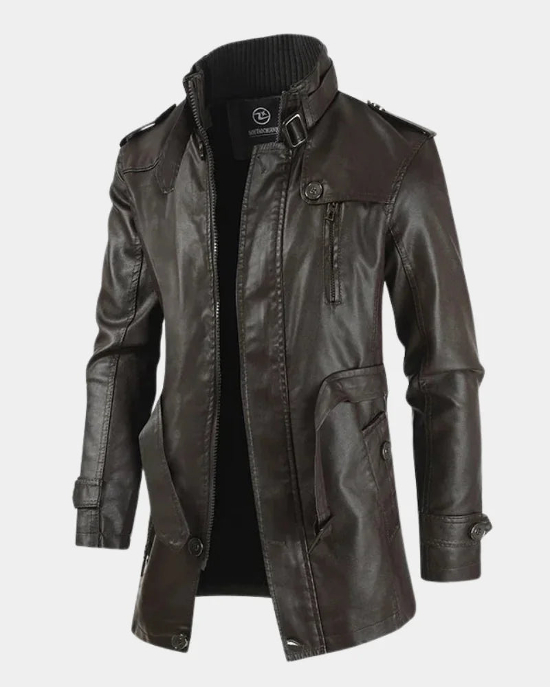 Dark Brown Men's Long Biker Jacket with Stand Collar & Belted Cuffs