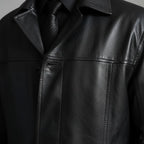 Men's Long Leather Jacket with Button-Front Closure & Tailored Fit - Close Up Collar