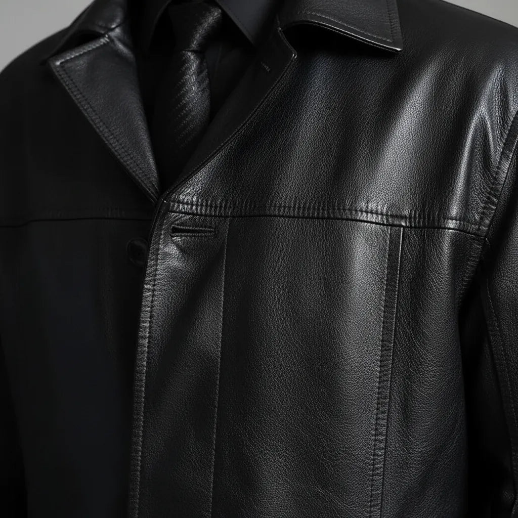 Men's Long Leather Jacket with Button-Front Closure & Tailored Fit - Close Up Collar