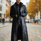 Men's Long Leather Jacket with Button-Front Closure & Tailored Fit - Outdoor Pose