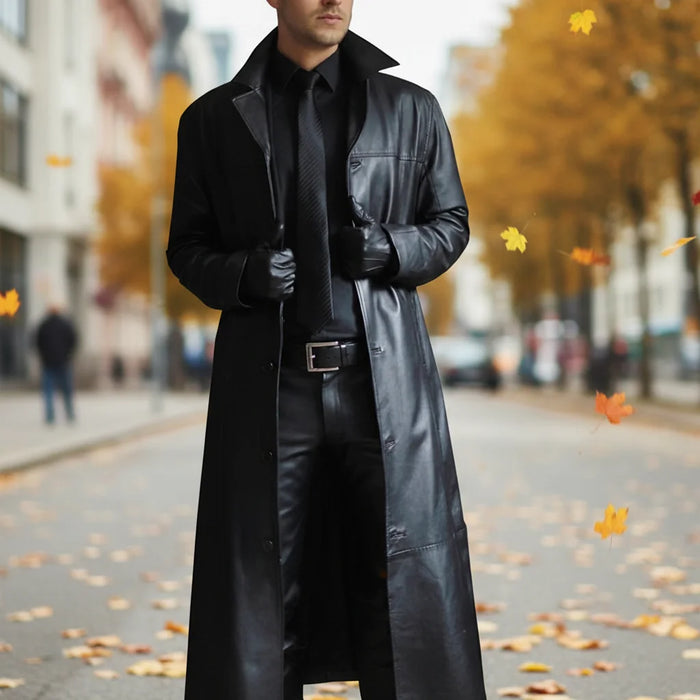 Men's Long Leather Jacket with Button-Front Closure & Tailored Fit - Outdoor Pose