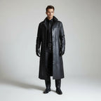 Black Men's Long Leather Jacket with Button-Front Closure & Tailored Fit - Studio White