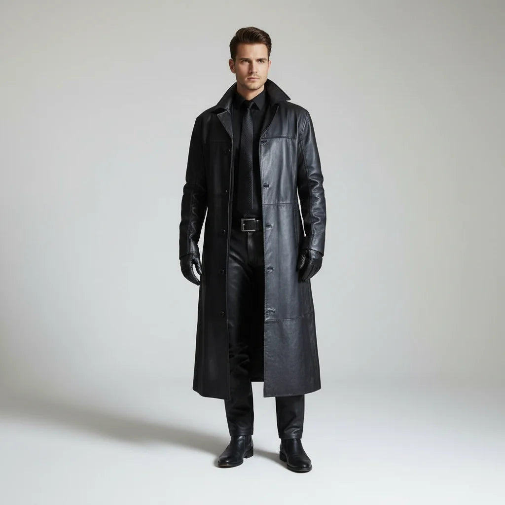 Black Men's Long Leather Jacket with Button-Front Closure & Tailored Fit - Studio White