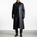 Men's Long Leather Jacket with Button-Front Closure & Tailored Fit