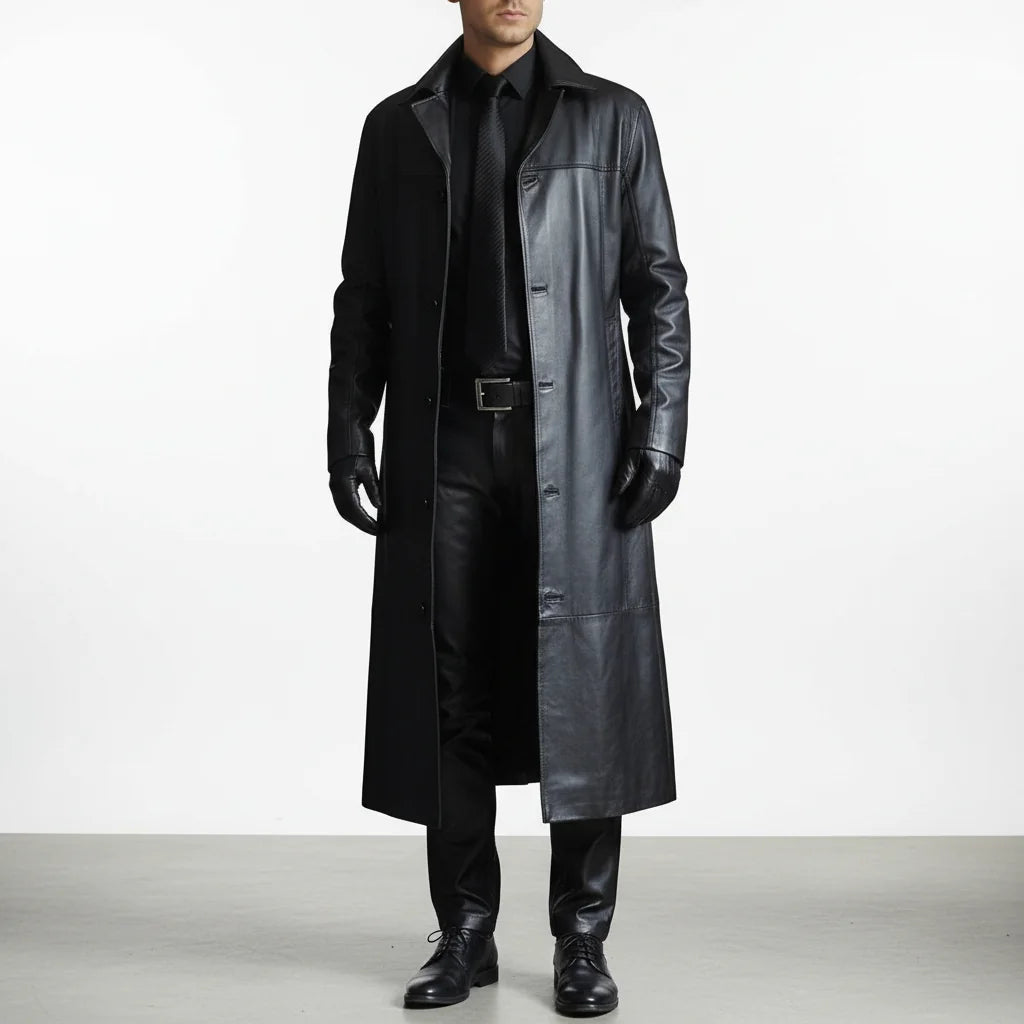 Men's Long Leather Jacket with Button-Front Closure & Tailored Fit