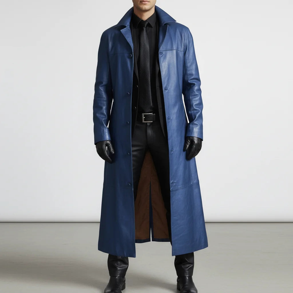 Blue Men's Long Leather Jacket with Button-Front Closure & Tailored Fit