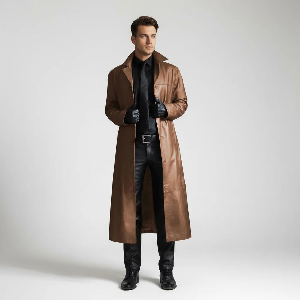 Khaki Men's Long Leather Jacket with Button-Front Closure & Tailored Fit