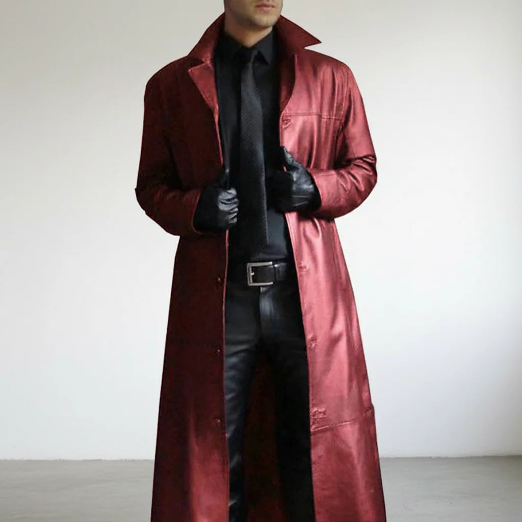 Red Men's Long Leather Jacket with Button-Front Closure & Tailored Fit