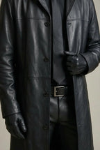 Black Men's Long Overcoat with Relaxed Fit & Notched Lapel Collar — Beau - Close Up Button Detail
