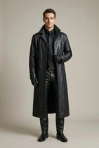 Black Men's Long Overcoat with Relaxed Fit & Notched Lapel Collar