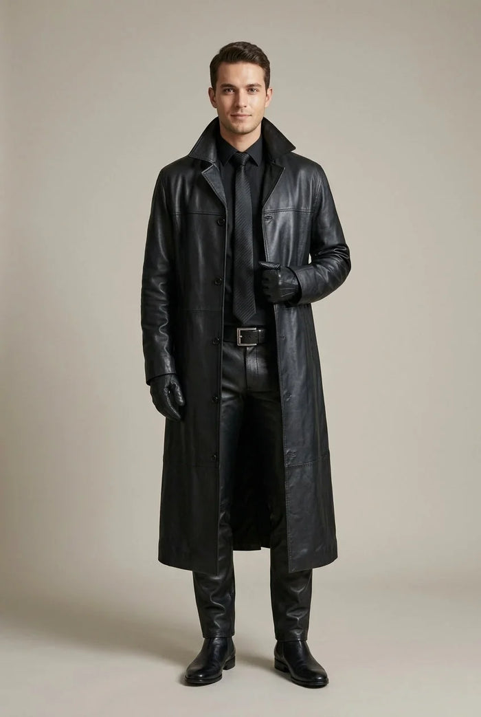 Black Men's Long Overcoat with Relaxed Fit & Notched Lapel Collar