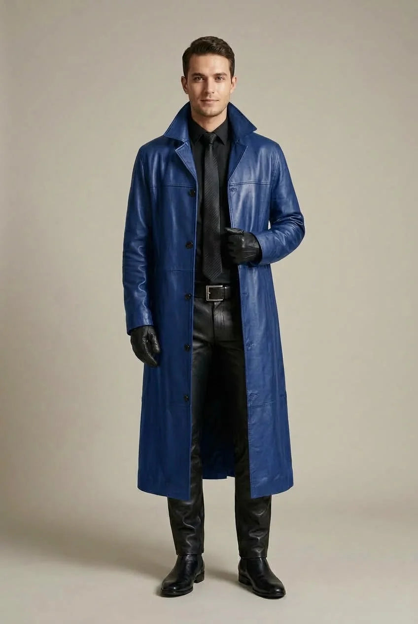 Blue Men's Long Overcoat with Relaxed Fit & Notched Lapel Collar