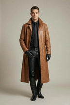 Brown Men's Long Overcoat with Relaxed Fit & Notched Lapel Collar — Beau