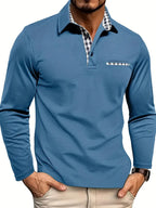 Blue Men's Long Sleeve Polo with Checkered Contrast Collar & Comfortable Fit