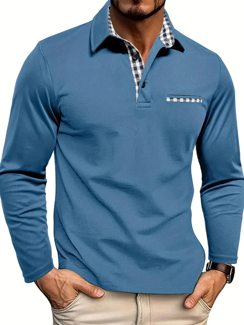 Blue Men's Long Sleeve Polo with Checkered Contrast Collar & Comfortable Fit
