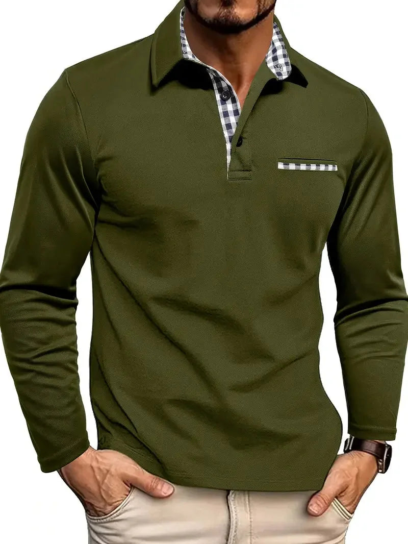 Green Men's Long Sleeve Polo with Checkered Contrast Collar & Comfortable Fit