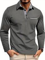Grey Men's Long Sleeve Polo with Checkered Contrast Collar & Comfortable Fit