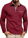 Red Men's Long Sleeve Polo with Checkered Contrast Collar & Comfortable Fit