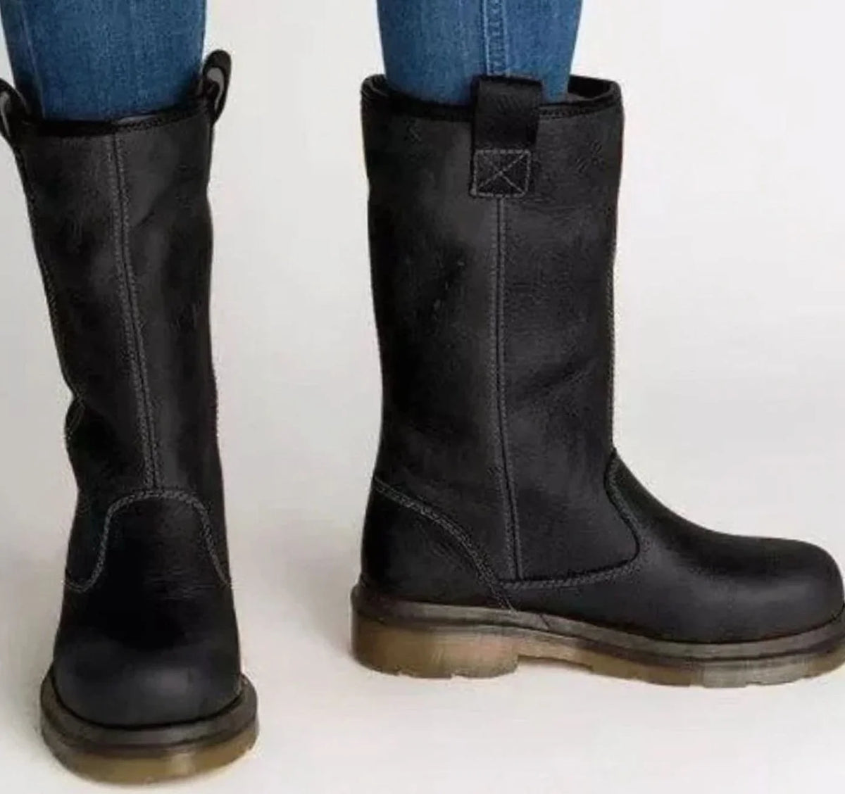 Black Men's Leather Work Boots with Mid-Calf Shaft & Pull-Tab Design - Back View Close