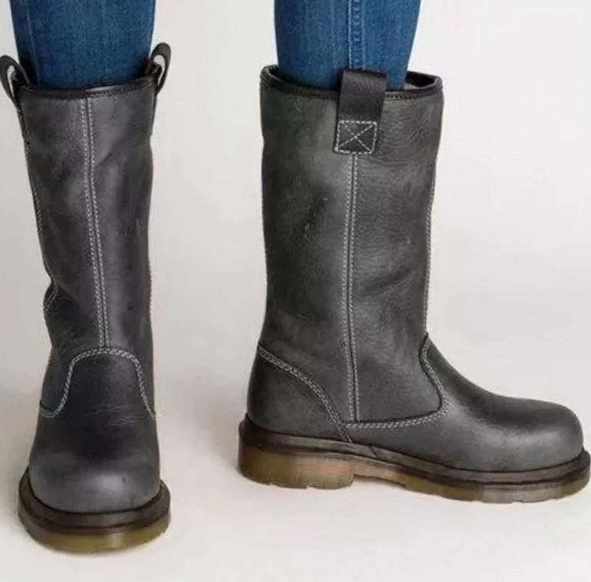 Grey Men's Leather Work Boots with Mid-Calf Shaft & Pull-Tab Design - Back View Angle