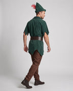 Dark Green Men's Velvet Peter Pan Costume with Hip Belt & Feathered Hat - Back Full Walking