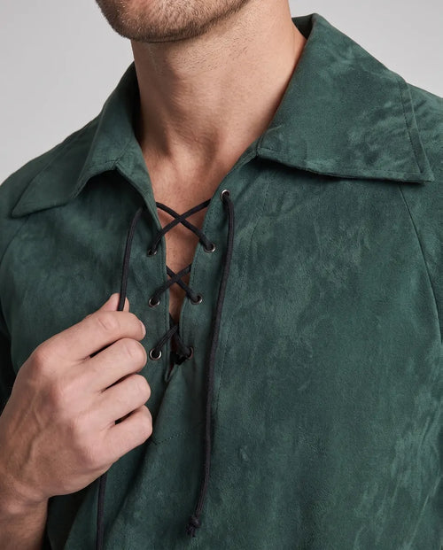 Dark Green Men's Velvet Peter Pan Costume with Hip Belt & Feathered Hat - Close Up Lace Up Detail