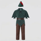 Dark Green Men's Velvet Peter Pan Costume with Hip Belt & Feathered Hat - Flat Lay Studio