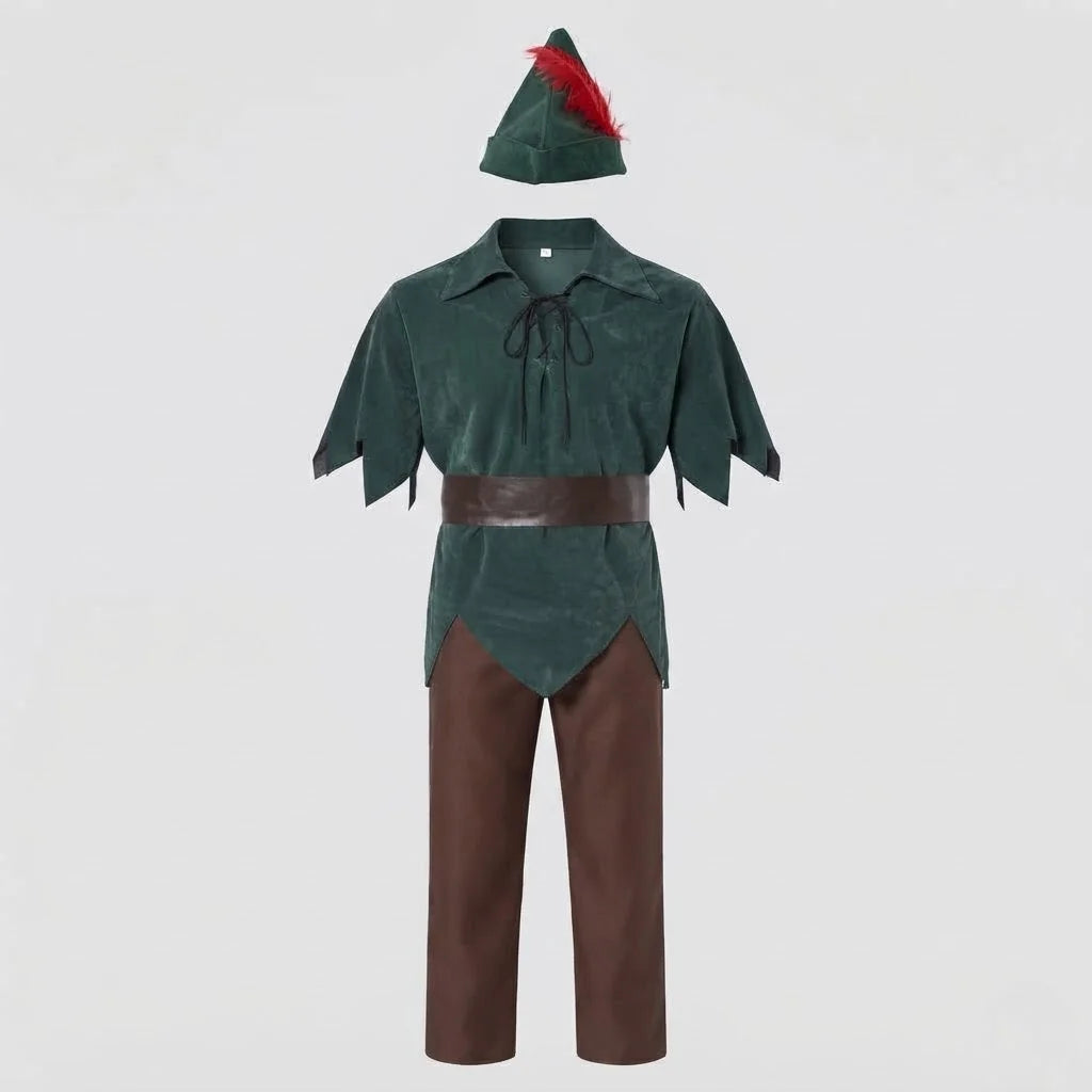 Dark Green Men's Velvet Peter Pan Costume with Hip Belt & Feathered Hat - Flat Lay Studio