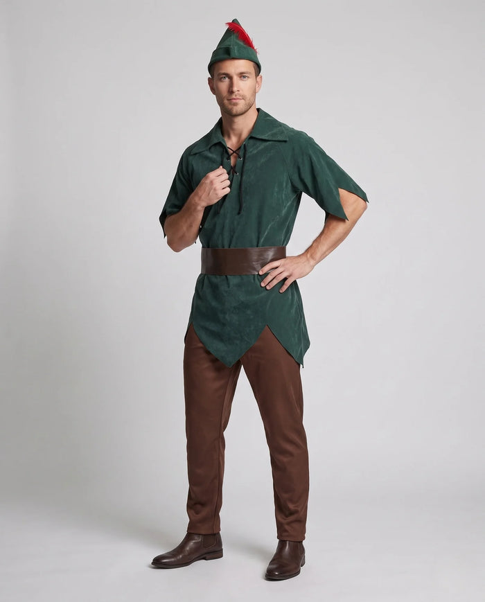 Dark Green Men's Velvet Peter Pan Costume with Hip Belt & Feathered Hat - Front Full