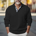 Black Men's Polo Sweatshirt with Contrast Placket & Brushed Fleece Lining