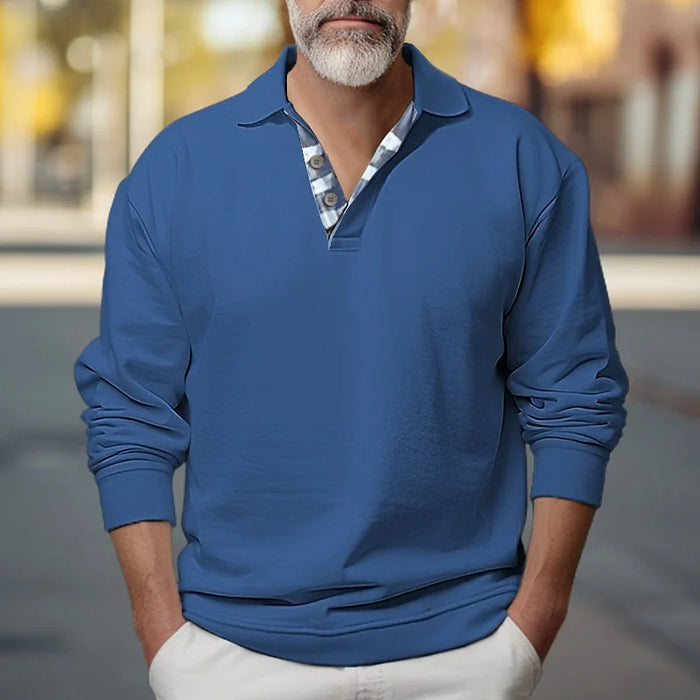 Blue Men's Polo Sweatshirt with Contrast Placket & Brushed Fleece Lining