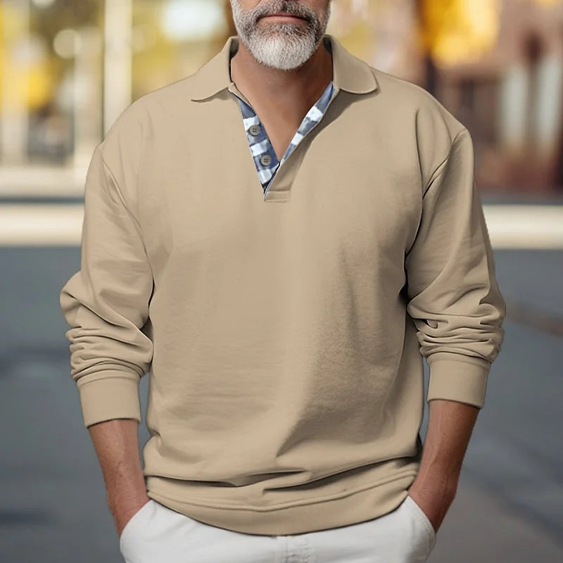 Khaki Men's Polo Sweatshirt with Contrast Placket & Brushed Fleece Lining