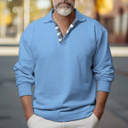 Light Blue Men's Polo Sweatshirt with Contrast Placket & Brushed Fleece Lining - Front Close Up Neckline