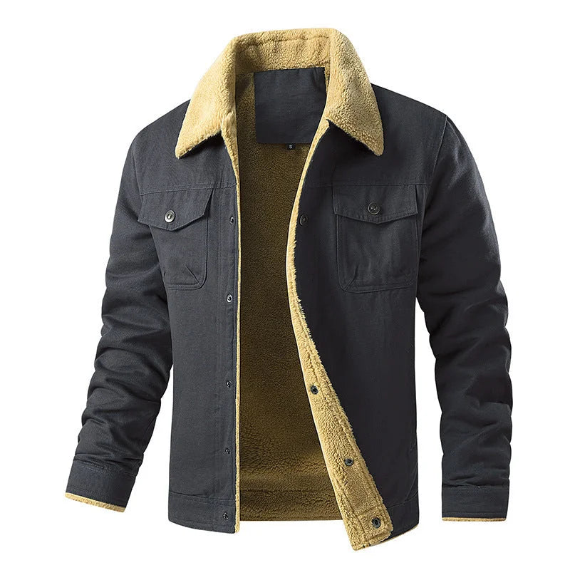 Men's Quilted Jacket with Sherpa Collar & Chest Pockets - Front Collar Detail