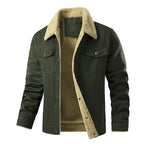 Military Green Men's Quilted Jacket with Sherpa Collar & Chest Pockets - Front Open Studio