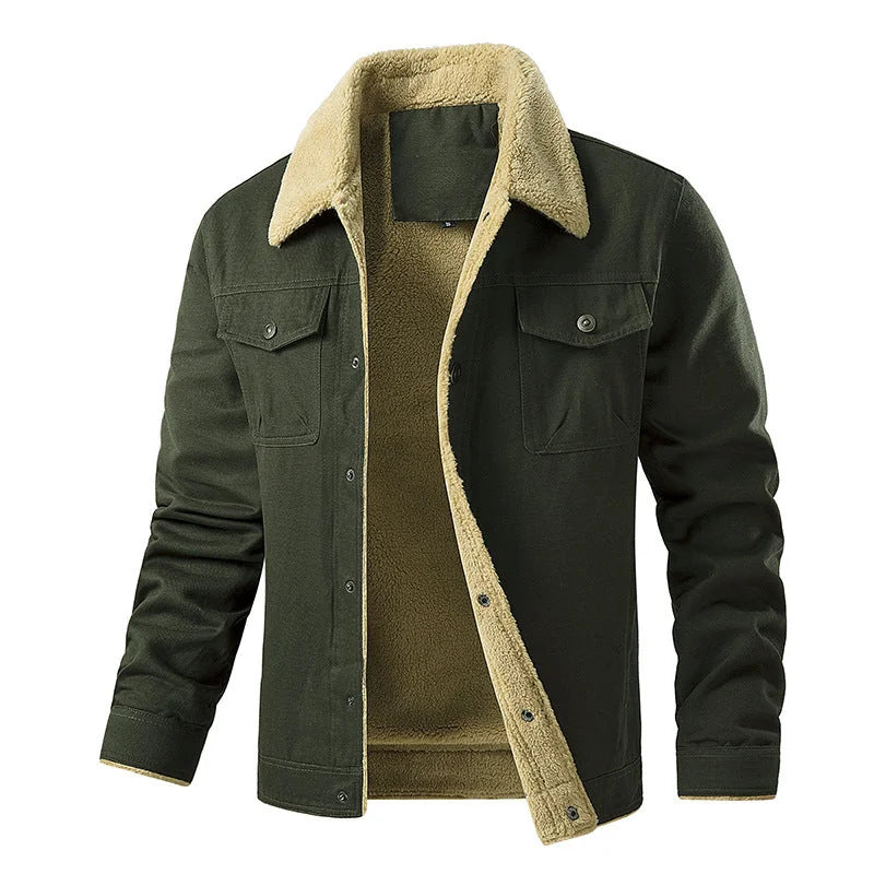Military Green Men's Quilted Jacket with Sherpa Collar & Chest Pockets - Front Open Studio