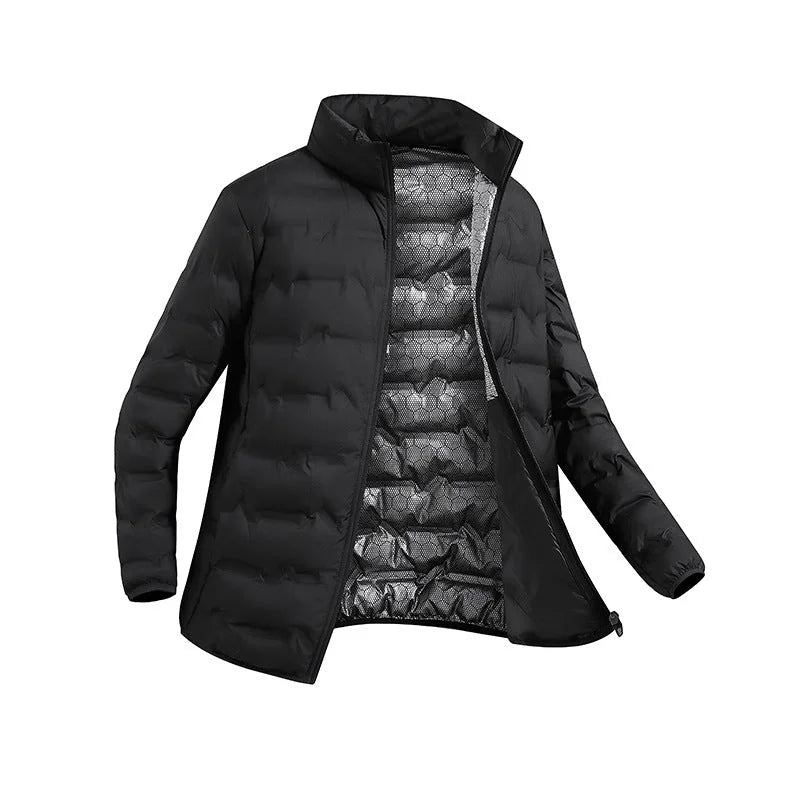 Men's Quilted Jacket with Stand Collar & Elasticated Cuffs - Open Front Detail
