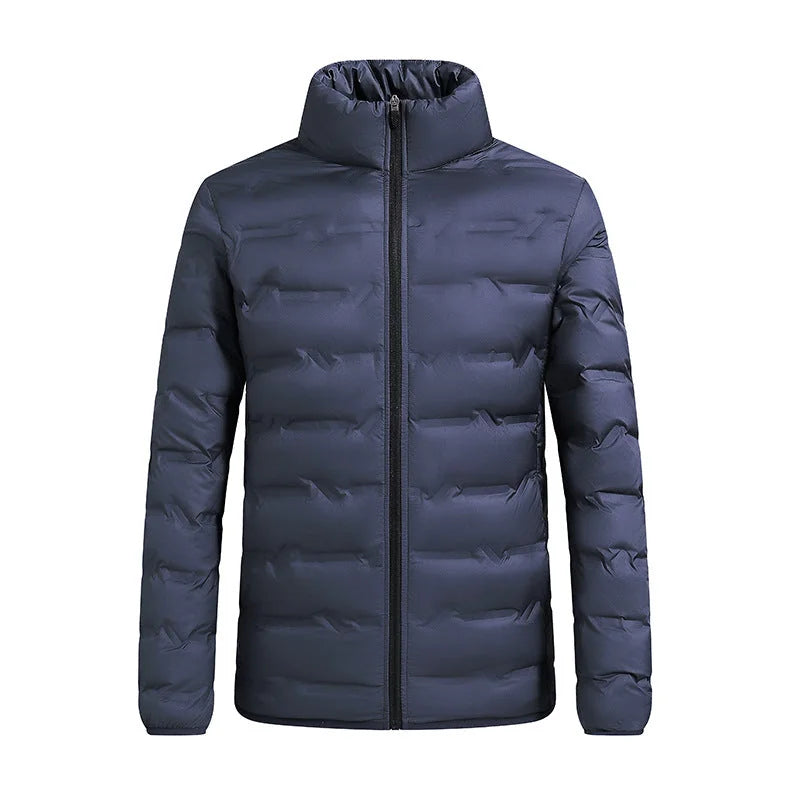 Navy Blue Men's Quilted Jacket with Stand Collar & Elasticated Cuffs