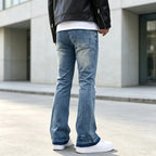 Blue Men's Ripped Slim-Fit Flared Jeans with Frayed Hem - Back Full
